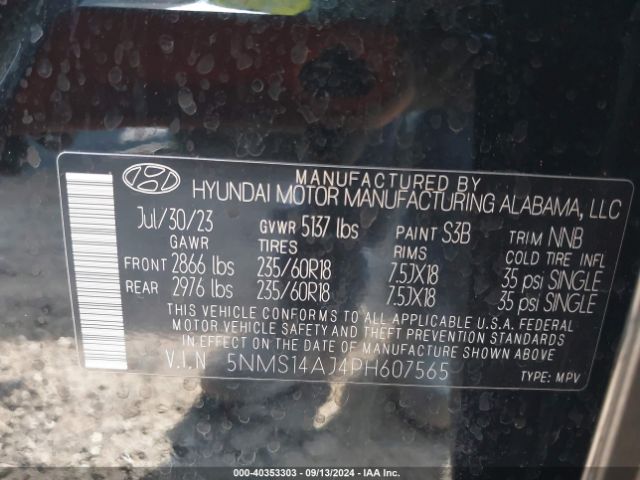 Photo 8 VIN: 5NMS14AJ4PH607565 - HYUNDAI SANTA FE 