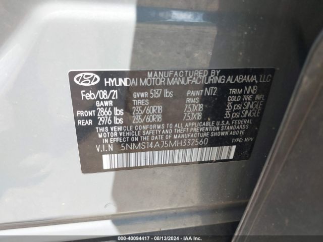 Photo 8 VIN: 5NMS14AJ5MH332560 - HYUNDAI SANTA FE 