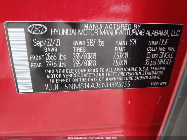 Photo 8 VIN: 5NMS14AJ6NH395135 - HYUNDAI SANTA FE 