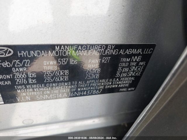 Photo 8 VIN: 5NMS14AJ6NH437867 - HYUNDAI SANTA FE 