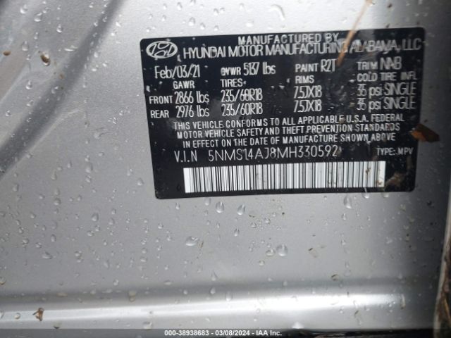 Photo 8 VIN: 5NMS14AJ8MH330592 - HYUNDAI SANTA FE 