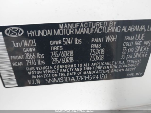 Photo 8 VIN: 5NMS1DAJ2PH594170 - HYUNDAI SANTA FE 