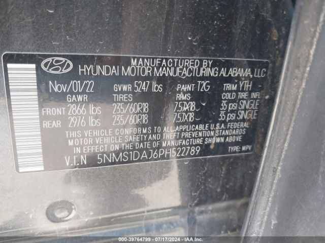 Photo 8 VIN: 5NMS1DAJ6PH522789 - HYUNDAI SANTA FE 