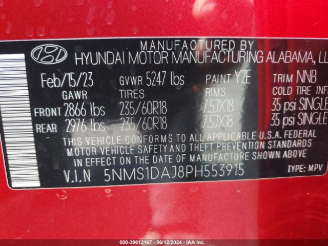 Photo 8 VIN: 5NMS1DAJ8PH553915 - HYUNDAI SANTA FE 