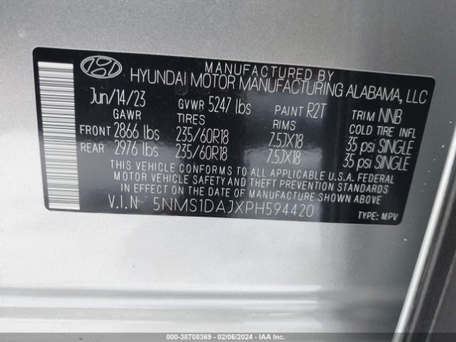 Photo 8 VIN: 5NMS1DAJXPH594420 - HYUNDAI SANTA FE 