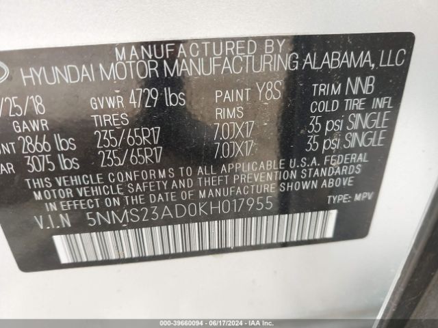 Photo 8 VIN: 5NMS23AD0KH017955 - HYUNDAI SANTA FE 