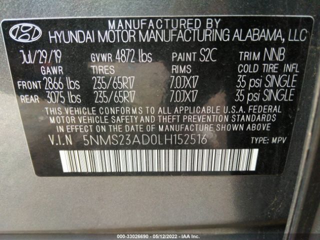 Photo 8 VIN: 5NMS23AD0LH152516 - HYUNDAI SANTA FE 