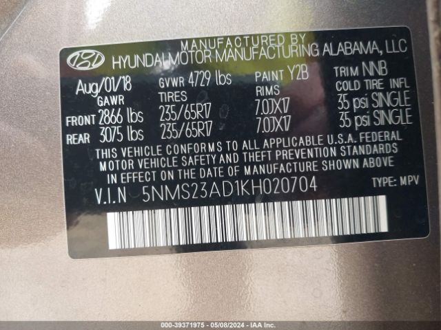 Photo 8 VIN: 5NMS23AD1KH020704 - HYUNDAI SANTA FE 