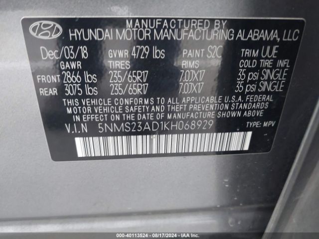 Photo 8 VIN: 5NMS23AD1KH068929 - HYUNDAI SANTA FE 