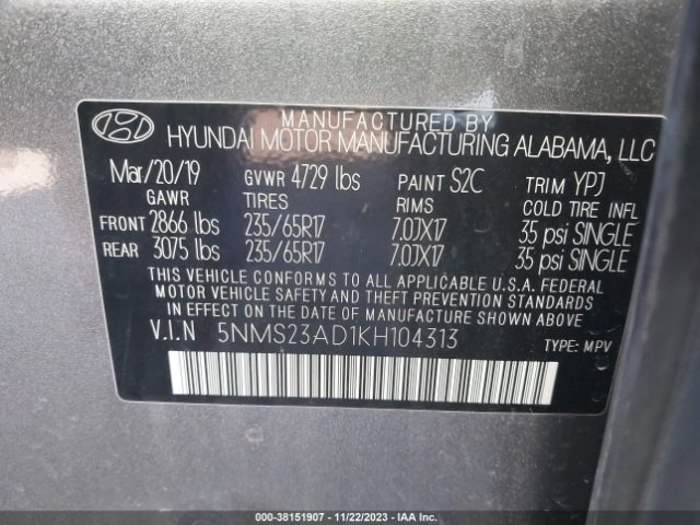 Photo 8 VIN: 5NMS23AD1KH104313 - HYUNDAI SANTA FE 