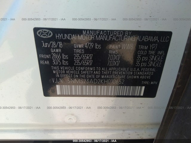 Photo 8 VIN: 5NMS23AD2KH010652 - HYUNDAI SANTA FE 