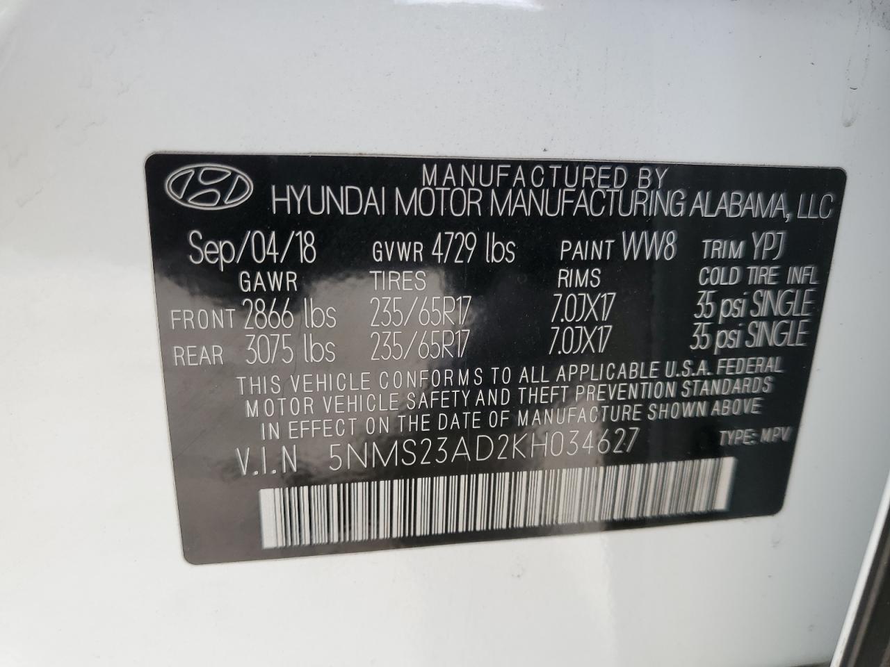 Photo 12 VIN: 5NMS23AD2KH034627 - HYUNDAI SANTA FE 