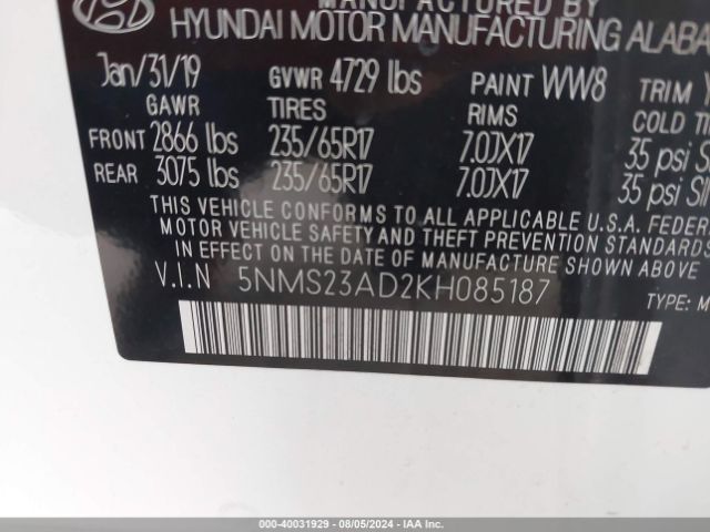 Photo 8 VIN: 5NMS23AD2KH085187 - HYUNDAI SANTA FE 