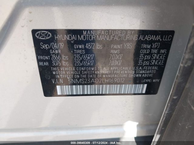 Photo 8 VIN: 5NMS23AD2LH169012 - HYUNDAI SANTA FE 