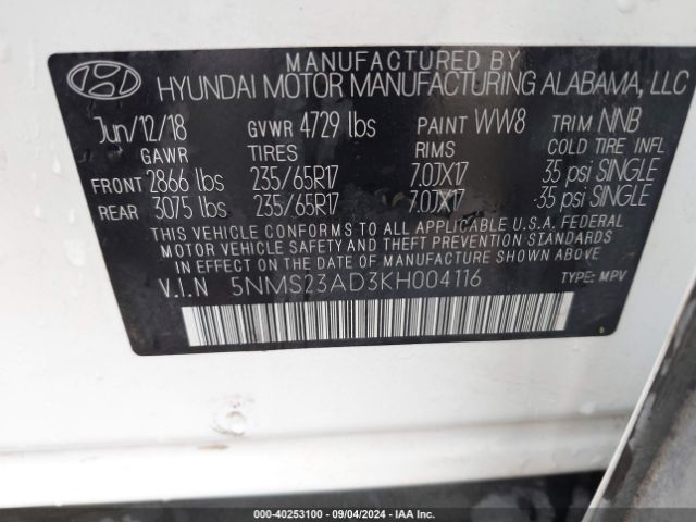 Photo 8 VIN: 5NMS23AD3KH004116 - HYUNDAI SANTA FE 