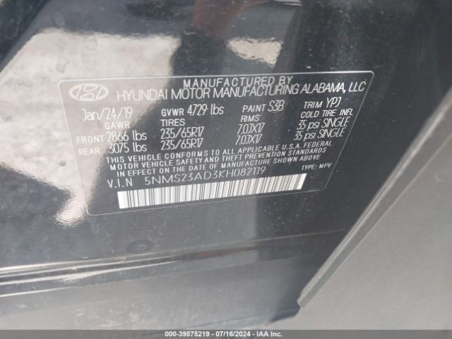 Photo 8 VIN: 5NMS23AD3KH082119 - HYUNDAI SANTA FE 