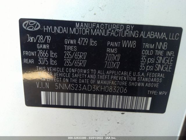 Photo 8 VIN: 5NMS23AD3KH083206 - HYUNDAI SANTA FE 