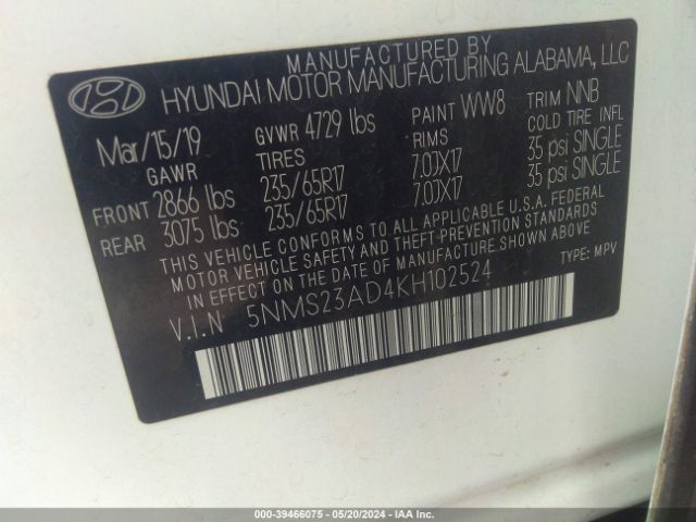 Photo 8 VIN: 5NMS23AD4KH102524 - HYUNDAI SANTA FE 