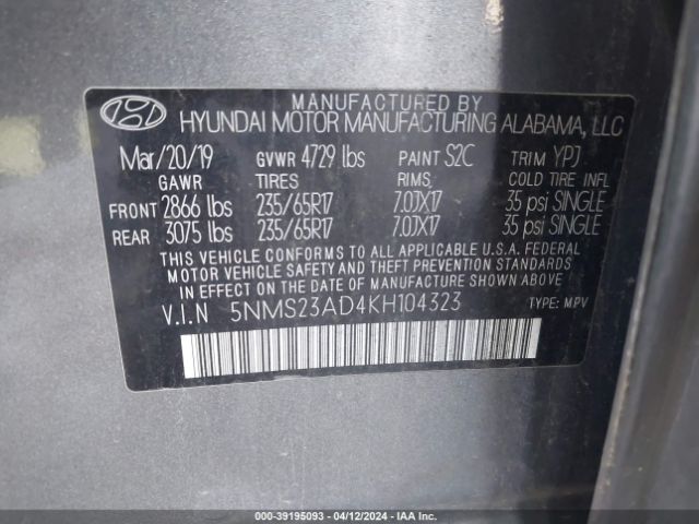 Photo 8 VIN: 5NMS23AD4KH104323 - HYUNDAI SANTA FE 