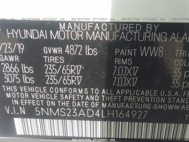 Photo 8 VIN: 5NMS23AD4LH164927 - HYUNDAI SANTA FE 