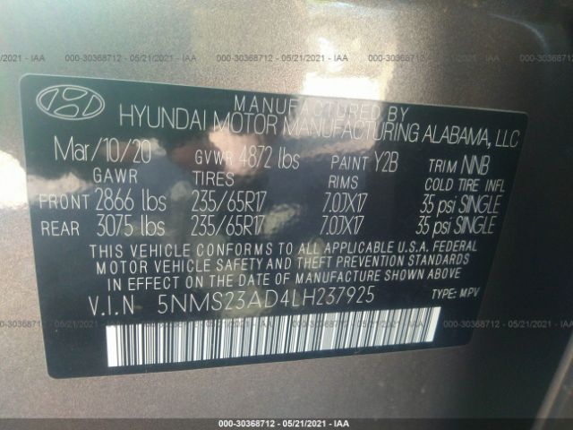 Photo 8 VIN: 5NMS23AD4LH237925 - HYUNDAI SANTA FE 