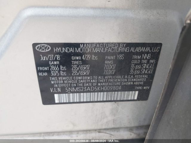 Photo 8 VIN: 5NMS23AD5KH009804 - HYUNDAI SANTA FE 