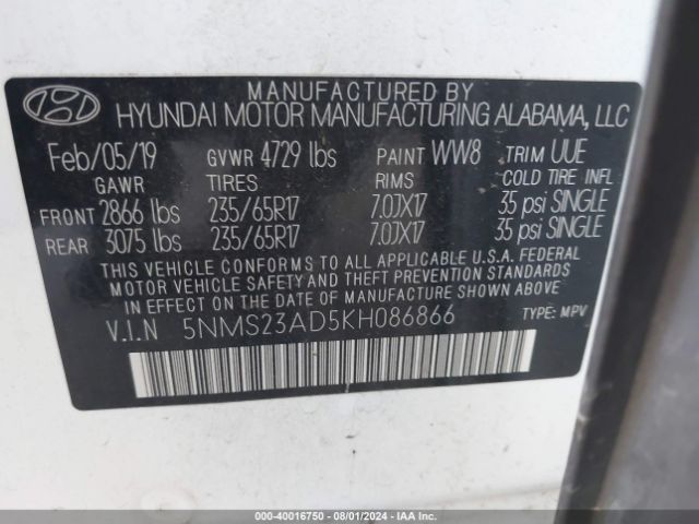 Photo 8 VIN: 5NMS23AD5KH086866 - HYUNDAI SANTA FE 