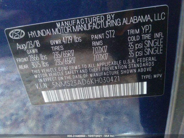 Photo 8 VIN: 5NMS23AD6KH030421 - HYUNDAI SANTA FE 