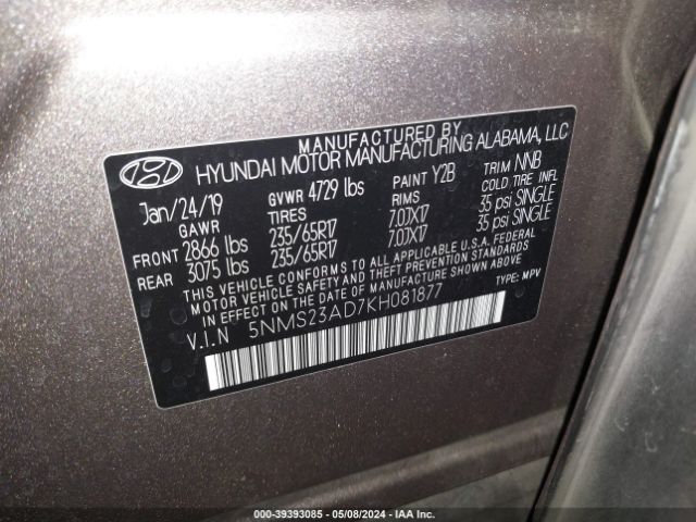 Photo 8 VIN: 5NMS23AD7KH081877 - HYUNDAI SANTA FE 