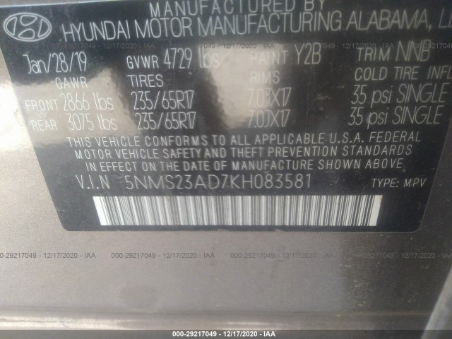 Photo 8 VIN: 5NMS23AD7KH083581 - HYUNDAI SANTA FE 