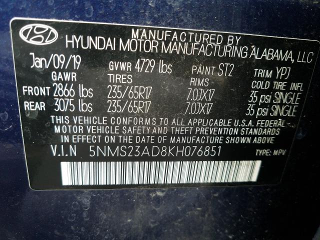 Photo 9 VIN: 5NMS23AD8KH076851 - HYUNDAI SANTA FE S 