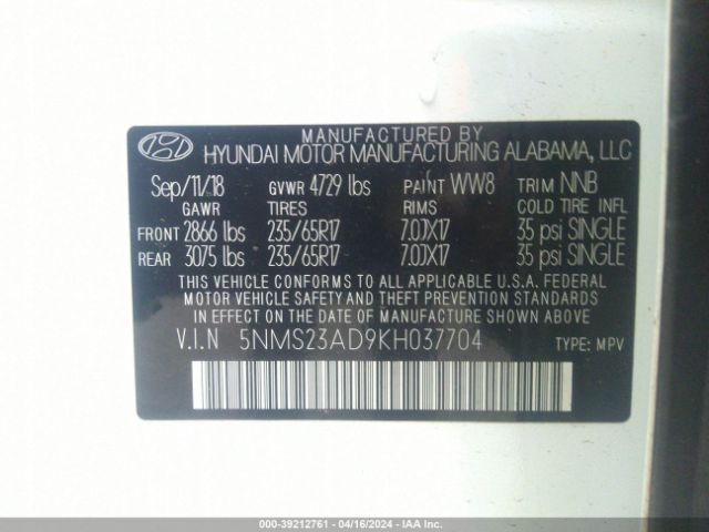 Photo 8 VIN: 5NMS23AD9KH037704 - HYUNDAI SANTA FE 