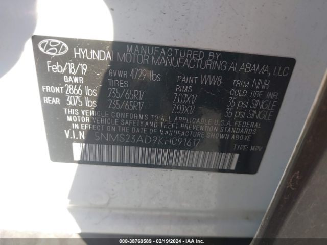 Photo 8 VIN: 5NMS23AD9KH091617 - HYUNDAI SANTA FE 