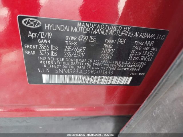 Photo 8 VIN: 5NMS23AD9KH113633 - HYUNDAI SANTA FE 