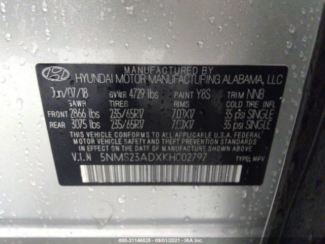 Photo 8 VIN: 5NMS23ADXKH002797 - HYUNDAI SANTA FE 