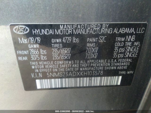 Photo 8 VIN: 5NMS23ADXKH103578 - HYUNDAI SANTA FE 