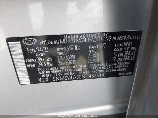 Photo 8 VIN: 5NMS24AJ0NH437344 - HYUNDAI SANTA FE 