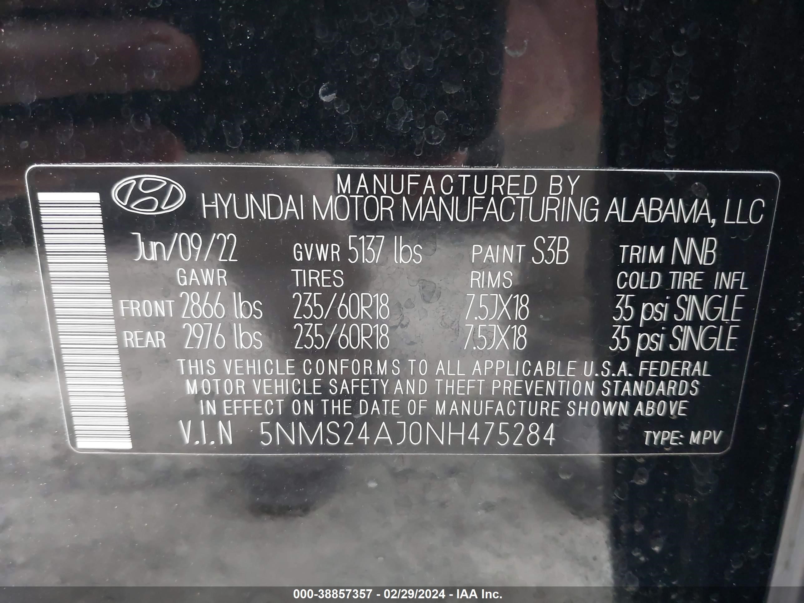 Photo 8 VIN: 5NMS24AJ0NH475284 - HYUNDAI SANTA FE 