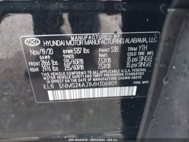 Photo 8 VIN: 5NMS24AJ1MH306809 - HYUNDAI SANTA FE 