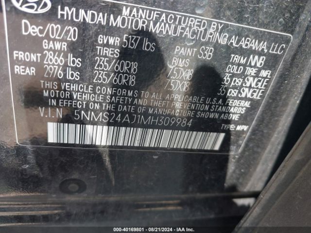 Photo 8 VIN: 5NMS24AJ1MH309984 - HYUNDAI SANTA FE 