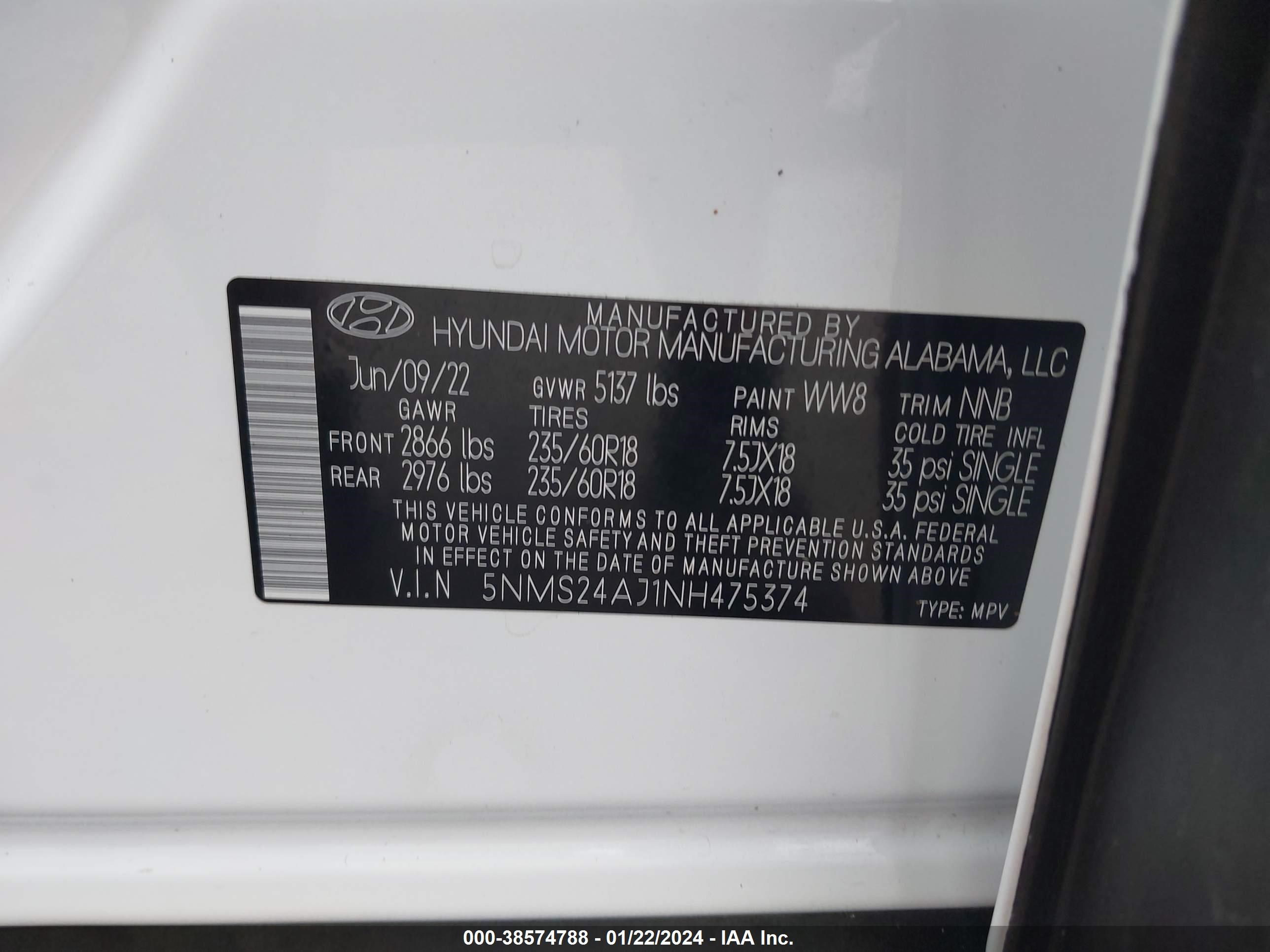 Photo 8 VIN: 5NMS24AJ1NH475374 - HYUNDAI SANTA FE 