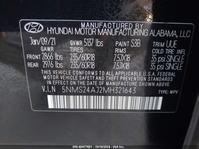 Photo 8 VIN: 5NMS24AJ2MH321643 - HYUNDAI SANTA FE 