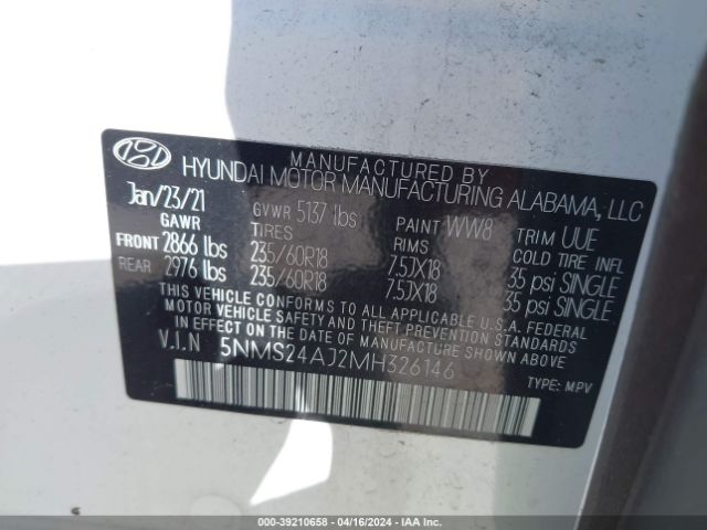 Photo 8 VIN: 5NMS24AJ2MH326146 - HYUNDAI SANTA FE 