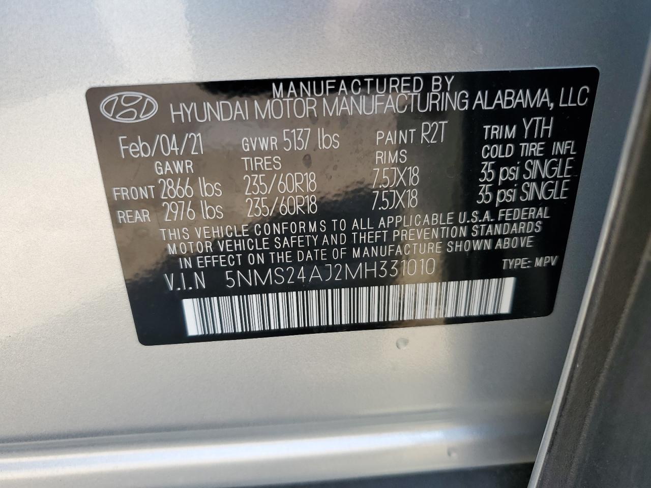 Photo 12 VIN: 5NMS24AJ2MH331010 - HYUNDAI SANTA FE 