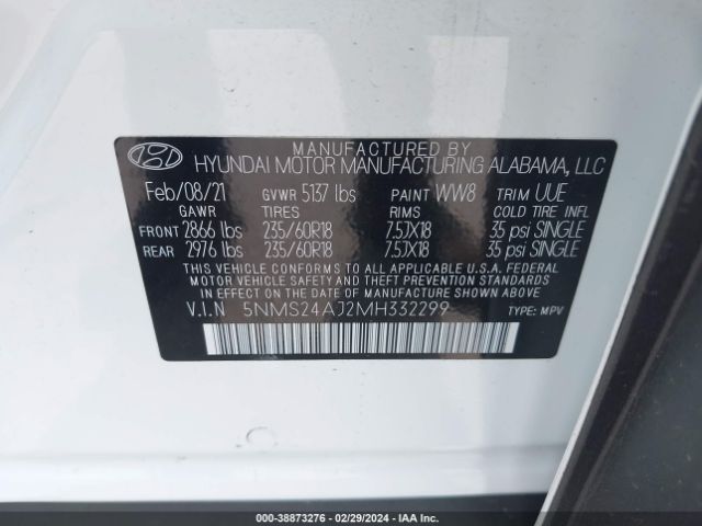 Photo 8 VIN: 5NMS24AJ2MH332299 - HYUNDAI SANTA FE 