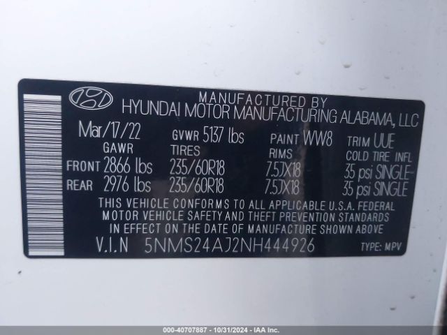 Photo 8 VIN: 5NMS24AJ2NH444926 - HYUNDAI SANTA FE 