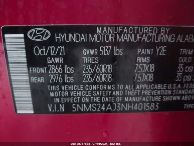 Photo 8 VIN: 5NMS24AJ3NH401583 - HYUNDAI SANTA FE 