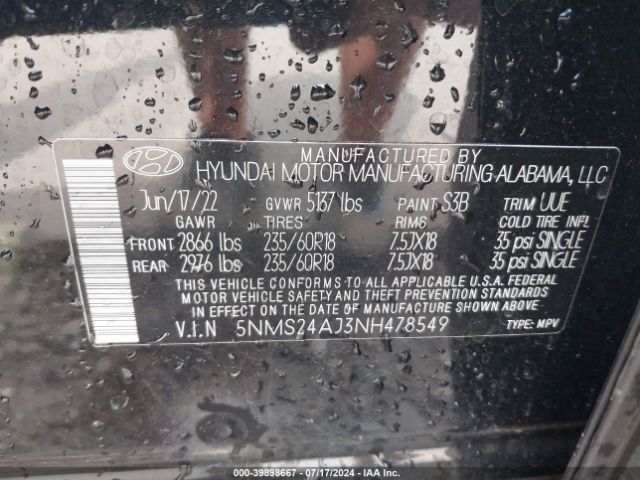 Photo 8 VIN: 5NMS24AJ3NH478549 - HYUNDAI SANTA FE 