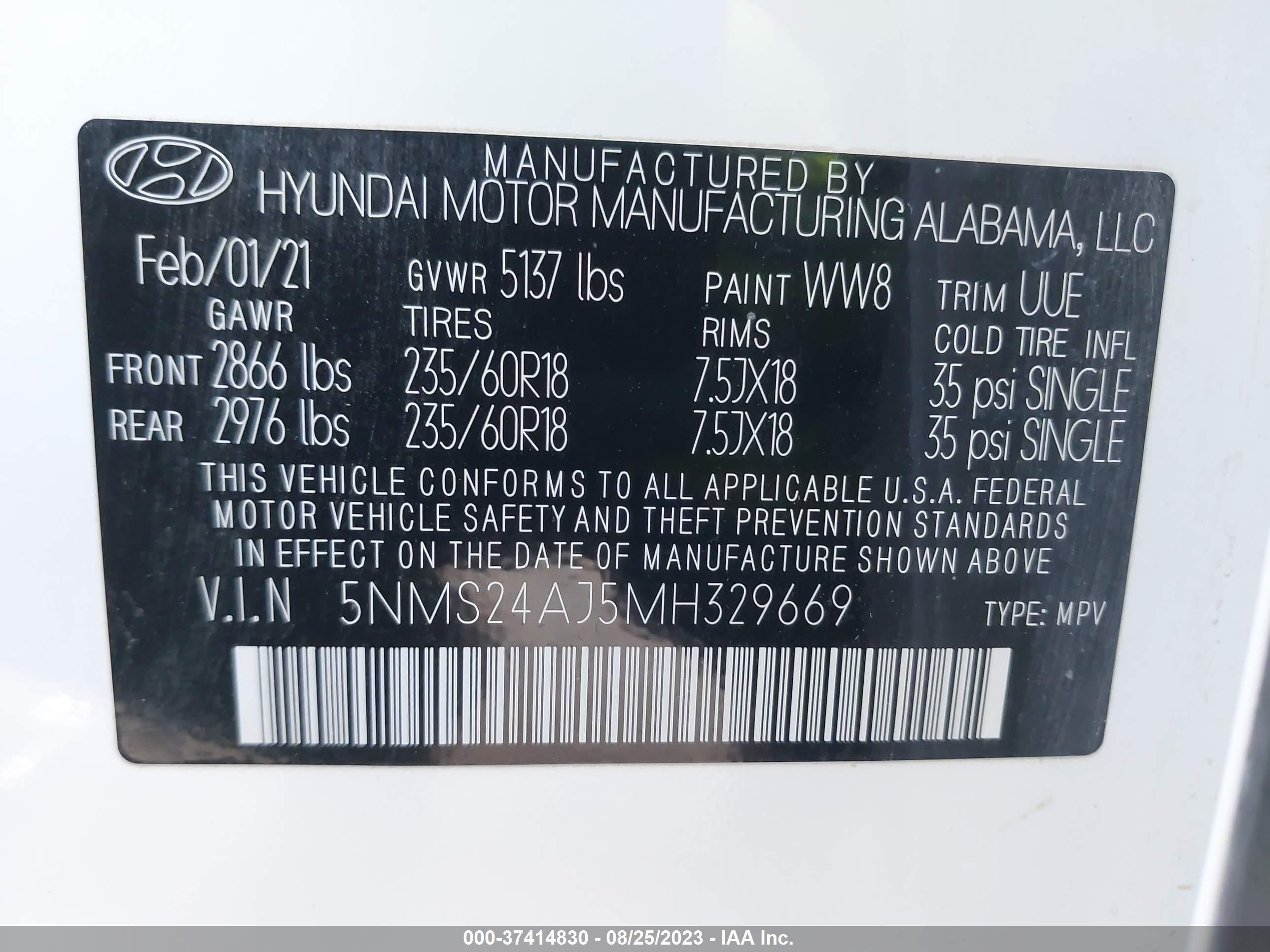 Photo 8 VIN: 5NMS24AJ5MH329669 - HYUNDAI SANTA FE 