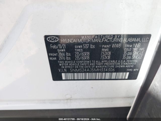 Photo 8 VIN: 5NMS24AJ5MH334306 - HYUNDAI SANTA FE 